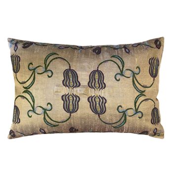 Hand Embroidered Bell Flower Silk Cushion In Gold
