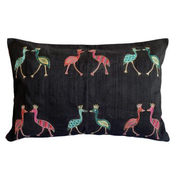 Hand Embroidered Bird Silk Cushion In Black