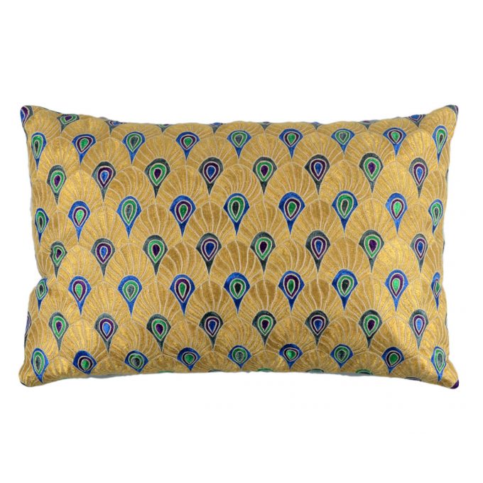 Tallentire House Cushion Silk Feather Embroidered Gold Turquoise