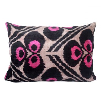 Tallentire House Ikat Velvet Cushion Byzantine Pink Black Ivory Front